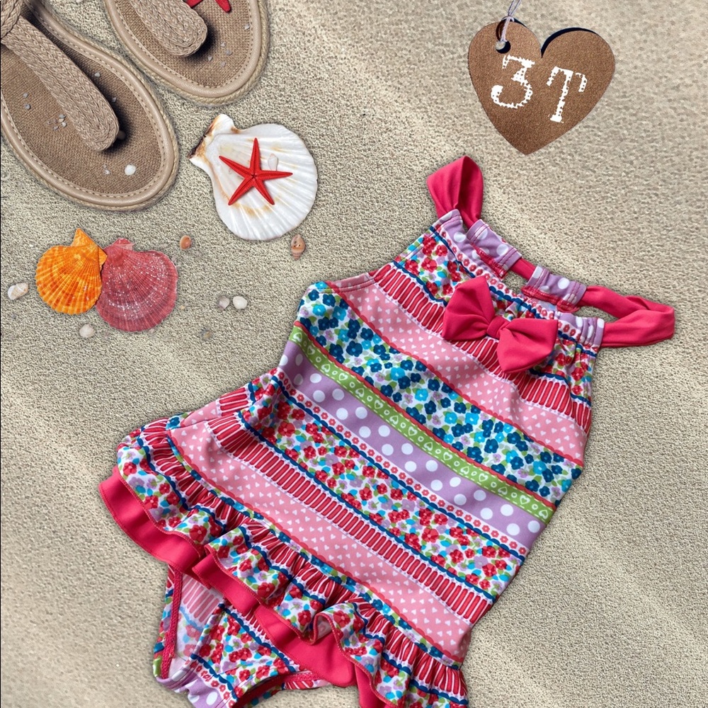 3T - Girl Flower and Dots Pink Swimsuit with Ruffles